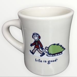 Life is Good Christmas Coffee Cup Mug, Christmas Tree on Sled